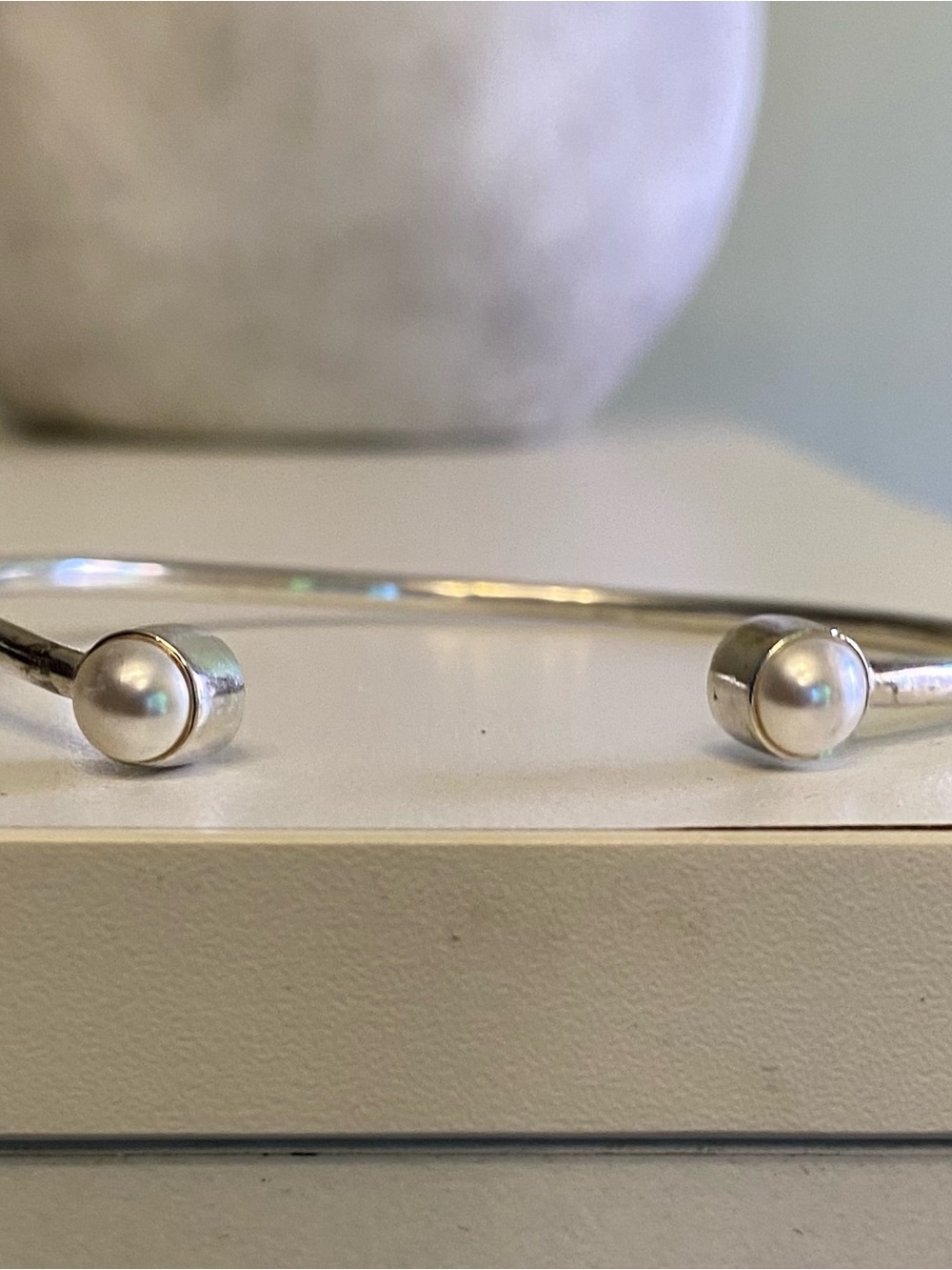 Alex and Ani Silver Open Adjustable Bangle Bracelet with Pearl Accents